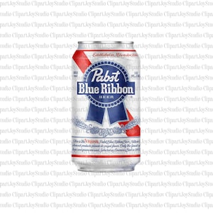 May include: A can of Pabst Blue Ribbon beer. The can is silver with a red and blue ribbon design and the text "Pabst Blue Ribbon Beer". It contains 12 fl oz and 355 ml.