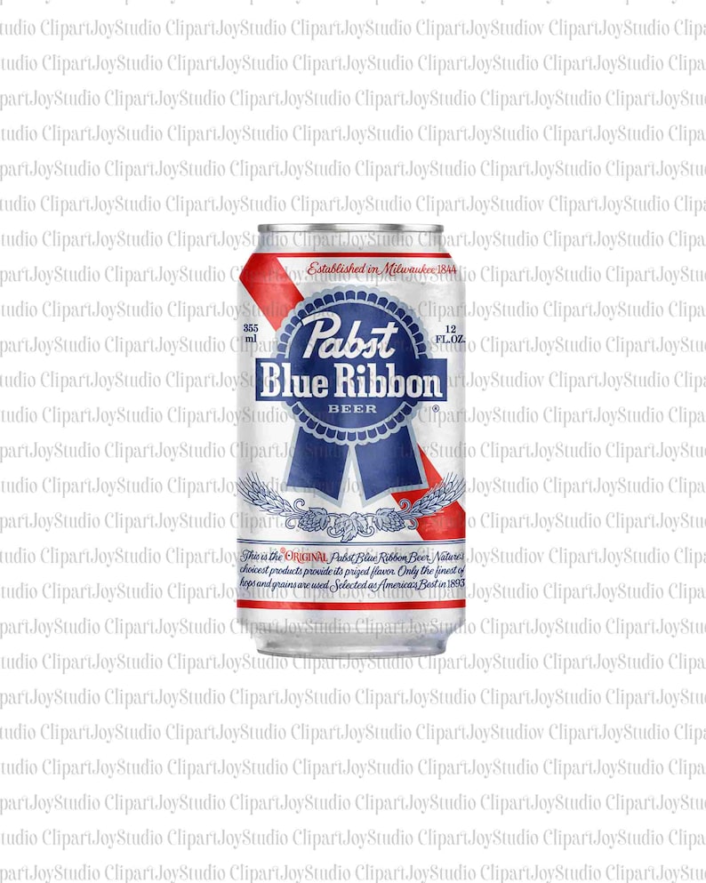May include: A can of Pabst Blue Ribbon beer. The can is silver with a red and blue ribbon design and the text "Pabst Blue Ribbon Beer". It contains 12 fl oz and 355 ml.