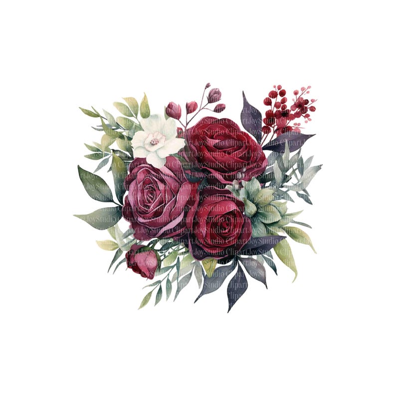 Pacote de clipart de flores cor de vinho, buquê de rosas, gráficos PNG, download digital, artesanato em papel, diário de lixo, scrapbooking imagem 8
