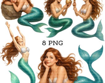 Watercolor Mermaid clipart bundle PNG graphics, Mermaid Clip art, Printable scrapbook images, Digital Download, Paper craft, junk journals