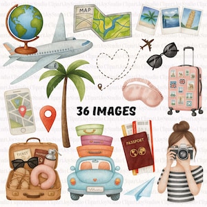 Watercolor Travel clipart bundle, Adventure PNG clip art, Summer Holiday, Tourism, Adventure, Journey, Planner, paper craft, junk journal