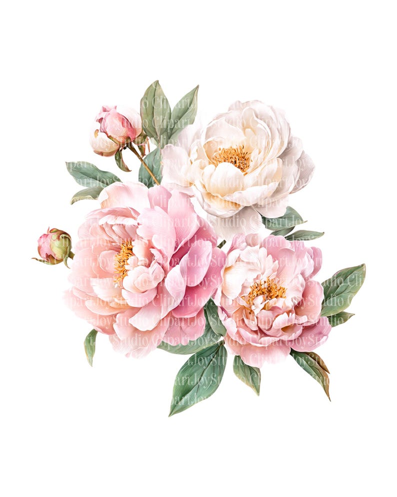 Watercolor Pink Peonies Clipart Bundle, White Peony Bouquet PNG ...