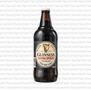May include: A dark brown Guinness Extra Stout beer bottle with a gold cap. The label features the Guinness harp logo and the text "EXTRA STOUT" and "DARK AND LIVELY". The bottle contains 750ml of beer.