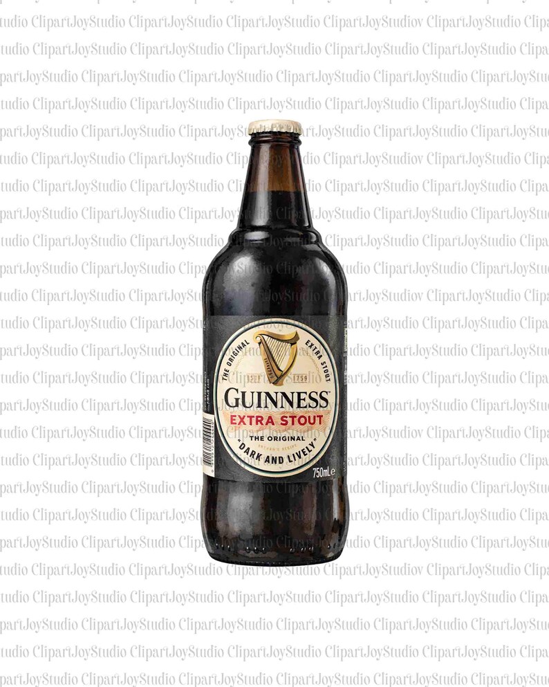 May include: A dark brown Guinness Extra Stout beer bottle with a gold cap. The label features the Guinness harp logo and the text "EXTRA STOUT" and "DARK AND LIVELY". The bottle contains 750ml of beer.