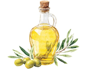 Paquete de imágenes prediseñadas de botellas de aceite de oliva / Imágenes PNG de acuarela imprimibles (descarga digital)