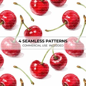 May include: A watercolour pattern of ripe red cherries with green stalks against a white backdrop. The image includes the text "4 Seamless Patterns Commercial Use Included".
