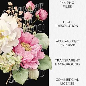 May include: Watercolor floral design featuring pink peonies, white flowers, and green foliage against a black background. The image includes text indicating 144 PNG files, high resolution, and a transparent background. The image is 13x13 inches.
