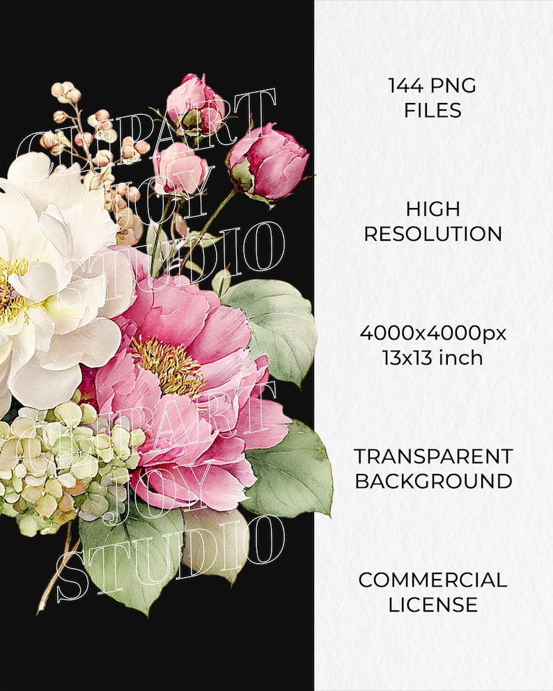 May include: Watercolor floral design featuring pink peonies, white flowers, and green foliage against a black background. The image includes text indicating 144 PNG files, high resolution, and a transparent background. The image is 13x13 inches.