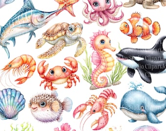 Watercolor Sea Animals clipart bundle, Dolphin, Shells, Corals PNG, Printable images (digital download)
