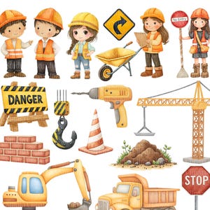 Pacote de clipart de construção em aquarela, clipart de veículos de construção, gráficos para festa de aniversário de berçário, caminhão, escavadeira, artesanato em papel