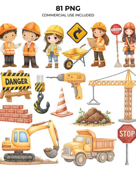 Watercolor Construction Clipart Bundle, Construction Vehicles Clipart, Nursery Birthday Party Graphics, Truck, Excavator, Paper craft