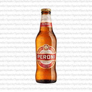 May include: A brown glass Peroni beer bottle with a gold cap. The label is red and gold with the brand name and text "Tradizione e Qualit&agrave;".