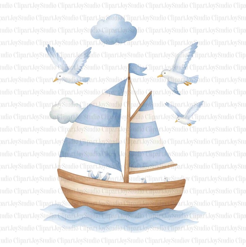 May include: A watercolour illustration of a sailboat with blue and white striped sails, seagulls, and clouds. The boat is brown with a light blue water base. A nautical theme.