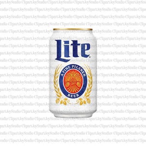 May include: A white beer can with the word "Lite" in blue lettering. The can features a circular emblem with the words "A Fine Pilsner Beer" and a wheat design. The can has a gold-colored top.