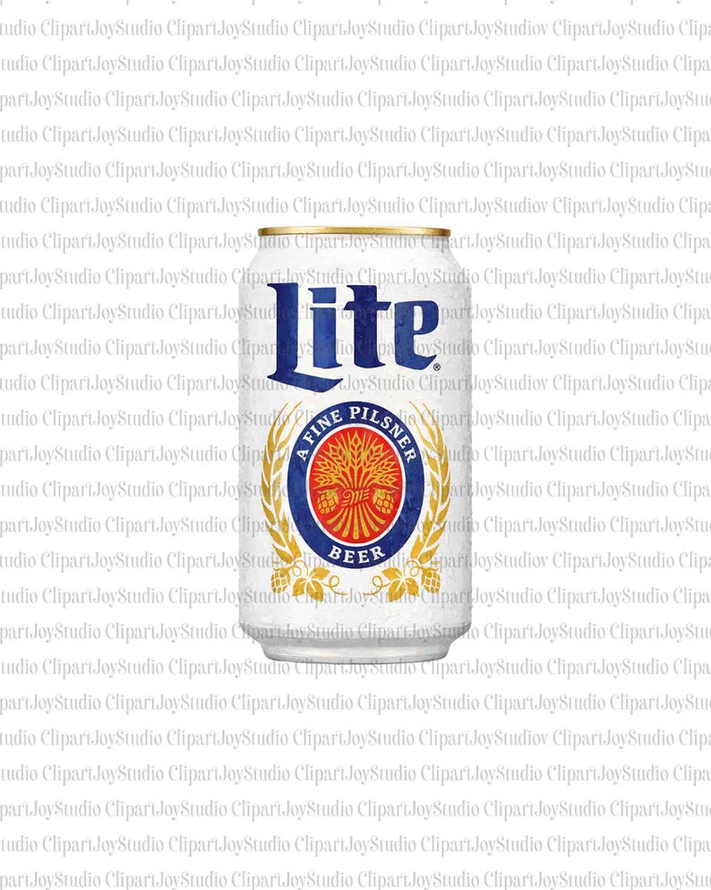 May include: A white beer can with the word "Lite" in blue lettering. The can features a circular emblem with the words "A Fine Pilsner Beer" and a wheat design. The can has a gold-colored top.