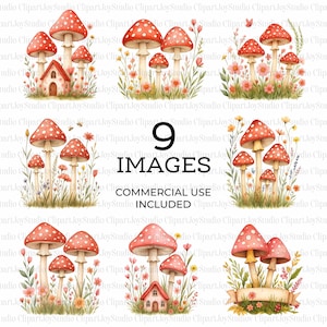 Mushrooms Clipart, Fly Agaric, Mushroom Printable Watercolor, High Quality PNG, Digital Download, Paper Craft, Junk Journal | 069