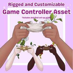 May include: An illustration of a game controller asset with the text "Rigged and Customizable Game Controller Asset". The image shows hands holding controllers with floral accents. The text "*includes detailed set-up guide!" is also present.