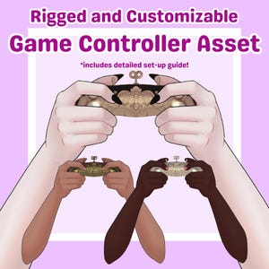 May include: An illustration of a game controller asset, held by multiple hands of varying skin tones. The controller is gold with ornate detailing. Text at the top reads "Rigged and Customizable Game Controller Asset".