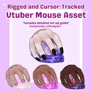 Puede incluir: Ilustración de un ratón de ordenador con una superposición de mano. El ratón tiene un diseño de estrellas moradas y azules. El texto dice "Rigged and Cursor-Tracked Utuber Mouse Asset" y "*includes detailed set-up guide! Customizable, with physics".