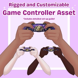 Puede incluir: Imagen de un activo de mando de juego con el texto "Rigged and Customizable Game Controller Asset". El mando tiene un diseño morado y dorado con un tema celestial. La imagen incluye la frase "*includes detailed set-up guide!"