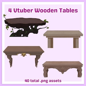 Può includere: Quattro tavoli in legno di vari design sono mostrati su uno sfondo lilla chiaro. I tavoli variano da un design naturale a tronco d'albero a stili ornati e intagliati. Il testo in alto recita "4 Vtuber Wooden Tables" e in basso "40 total .png assets."