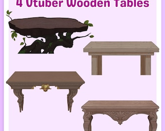 May include: Four wooden tables of various designs are displayed against a light purple background. The tables range from a natural tree trunk design to ornate, carved styles. Text at the top reads "4 Vtuber Wooden Tables" and at the bottom "40 total .png assets."