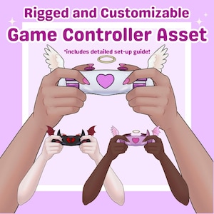 May include: Illustration of a game controller asset with angel wings and a heart design. The text reads "Rigged and Customizable Game Controller Asset" and "*includes detailed set-up guide!"