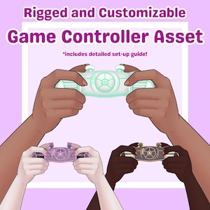 May include: Illustration of three game controllers in different colors: light green, pink, and black. The controllers are held by hands with varying skin tones. Text at the top reads "Rigged and Customizable Game Controller Asset".