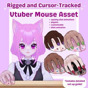 May include: A digital asset for a Vtuber mouse, featuring a pink-haired anime character with cat ears and multiple mouse designs. The designs include various skin tones and nail colors, with text indicating squishy click animations and physics.