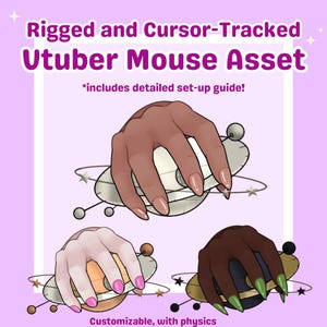 Puede incluir: Ilustración de un Utuber Mouse Asset con tres tonos de piel y colores de uñas diferentes. El texto dice "Rigged and Cursor-Tracked Utuber Mouse Asset", "*includes detailed set-up guide!" y "Customizable, with physics". El fondo es morado claro.
