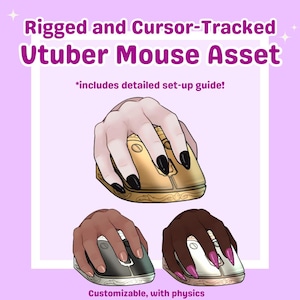 May include: An illustration of three computer mouse designs, each held by a hand with long, dark fingernails. The top mouse is gold, the bottom two are gray and white. Text reads "Rigged and Cursor-Tracked Utuber Mouse Asset" and "Customizable, with physics."