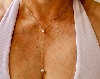 Gold Plated Pearl Lariat Necklace, Minimalist Y Drop Chain Bridal Jewelry
