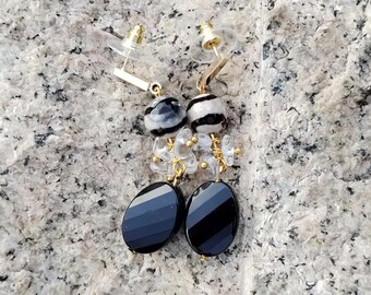 Natural Quartz Crystal Dangle Earrings with Black Onyx  Agate Boho Clear Quartz Jewelry daywear earrings