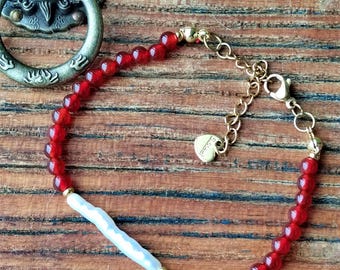 Pulseira de ágata vermelha e pérola barroca, joia artesanal com pedras preciosas naturais