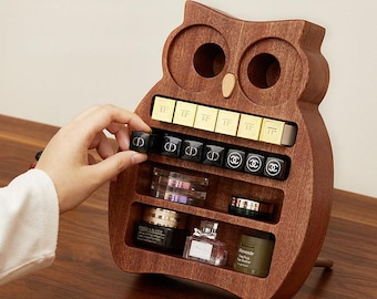 Make-up organizer van hout met uilenmotief, sieradenhouder van massief hout, opbergdoos van walnoothout voor op de kaptafel, leuke decoratie voor de commode