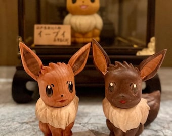 Handcrafted Wooden Cubone and Eevee Figurine – Minimalist Pokémon-Inspired Decor, Unique Collectible for Home or Office, Nature Gift