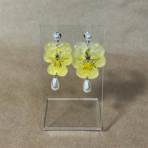 Pressed Yellow Pansy Earrings with Pearl Accents