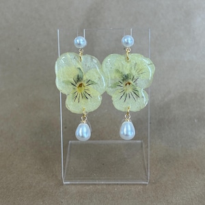 Pressed Light Yellow Pansy Earrings with Pearl Accents