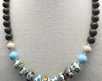 Handmade Boho Gemstone Beaded Necklace, Lampwork Glass and Sterling Silver
