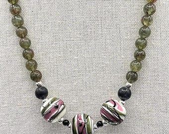 Green Apatite & Black Agate Necklace: Artisan Lampwork Glass, Sterling Silver