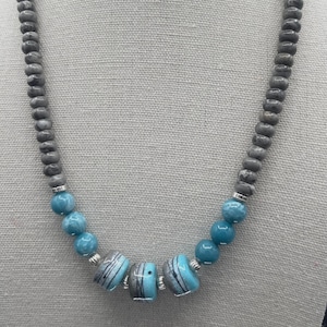 Handmade Boho Necklace with AAA Larimar Quartz, Crazy Lace Agate, Lampwork Glass Beads, Sterling Silver Beads, Statement Jewelry for Her