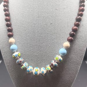 Mahogany Wood Bead Necklace: Artisan Lampwork Glass Statement Jewelry