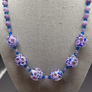 Purple Chalcedony Gemstone Beaded Necklace | Floral Lampwork Glass Beads | Boho Jewelry