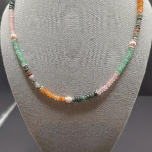 Mix Natural Gemstone Beaded Necklace.  Multi-Gemstones with Pink Pearls.  Multi-Color Handcrafted, Rainbow Beaded Statement Jewelry Gift.