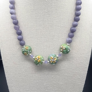 Purple Chalcedony Gemstone Beaded Necklace | Lampwork Glass Beads | Sterling Silver & Crystal | Handmade Boho Jewelry