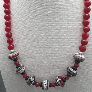 Red Ruby Jade Black Onyx Necklace | Lampwork Glass Sterling Silver Boho Jewelry