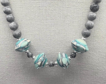 Gray Zebra Jasper Necklace: Lampwork Glass Beads.  Sterling Silver.  Handmade Boho Jewelry