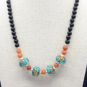 Teal & Orange Lampwork Necklace, Handmade Carnelian and Black Agate Gemstone Necklace, Sterling Silver Boho Chic Statement Jewelry Gift