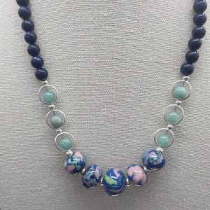 Handcrafted Lampwork Necklace: Lapis Lazuli & Vibrant Glass, 18 Inch