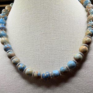 Blue and Cream Himalayan Granite Necklace with Sterling Silver Beads - Timeless Elegance Jewelry Gift for Women